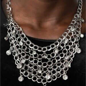 Silver Fishnet Link Necklace Set & Matching Earrings Rhinestone Fashion Jewelry